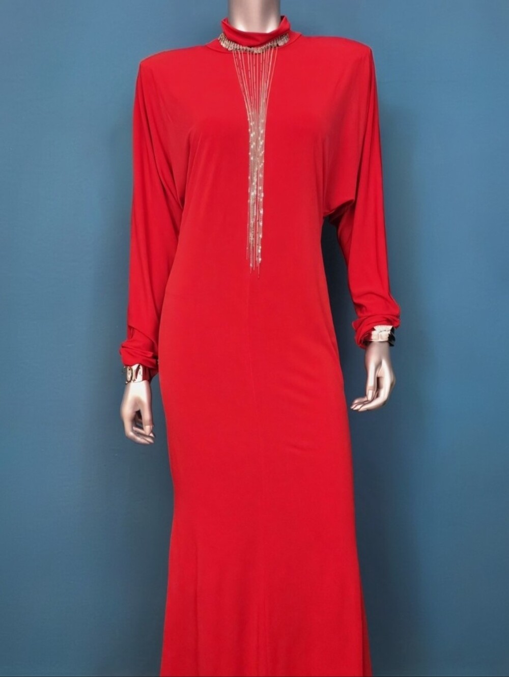 ๐๏ธ๐ASOS 80S Style Slinky Batwing Sleeve High Neck Maxi Dress In Red // (NWOT) - Picture 13 of 16